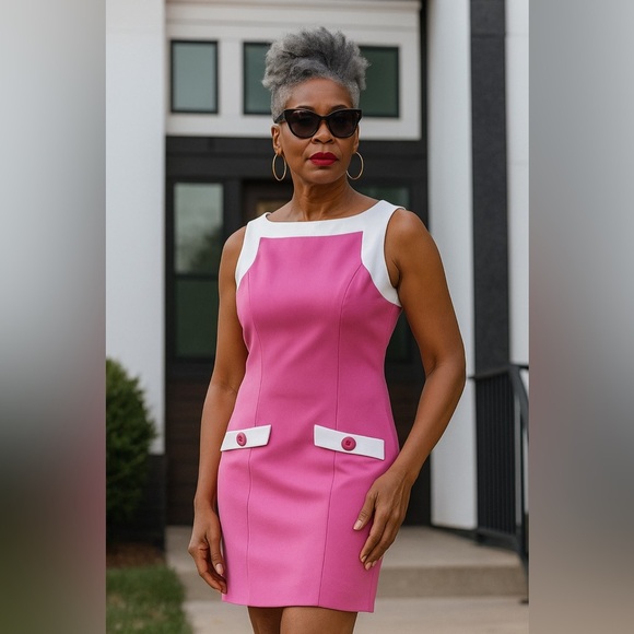 A-list Bright Pink & White Retro Sheath Dress, size XS/ Juniors size 5 - Picture 1 of 12